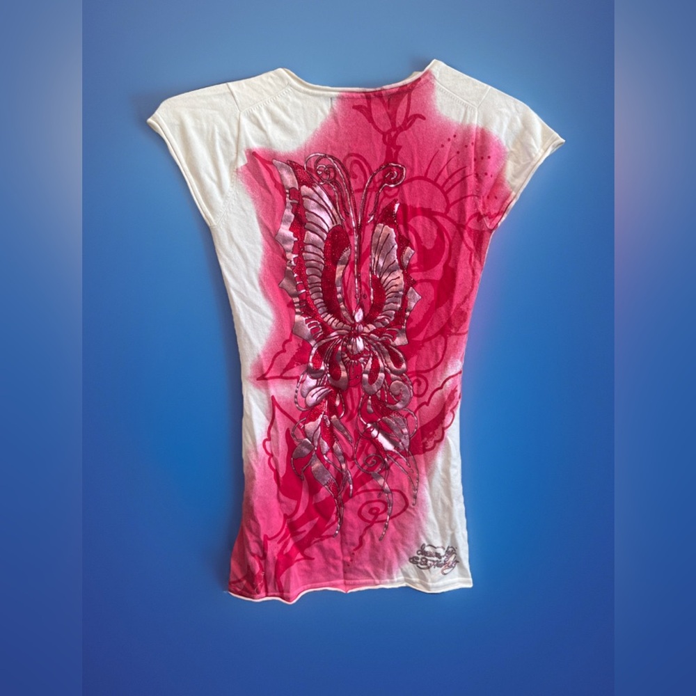 Ed Hardy Women's White and Pink V-Neck Tee Mini Dress - Picture 3 of 3